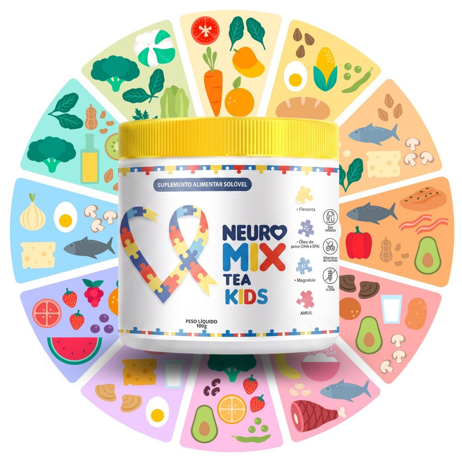 Pote de Neuro Mix® diante de uma ilustração colorida com diferentes grupos de alimentos