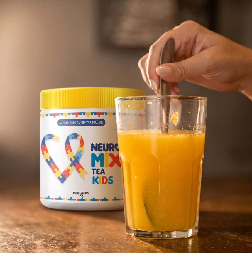 Pote de Neuro Mix® ao lado de um copo com bebida sendo preparada
